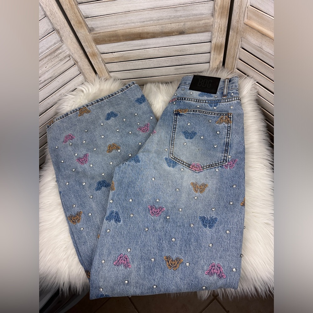 BDG Skater Baggy Wide Leg Embroidered Rainbow Butterfly Denim Bling Jeans 27